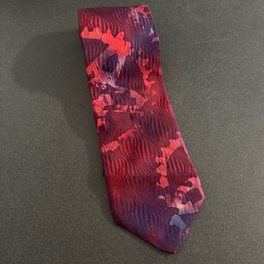 Silk Men's Tie Hand Painted Red Burgundy Blue Dye by Dan Dee Made‎ In USA